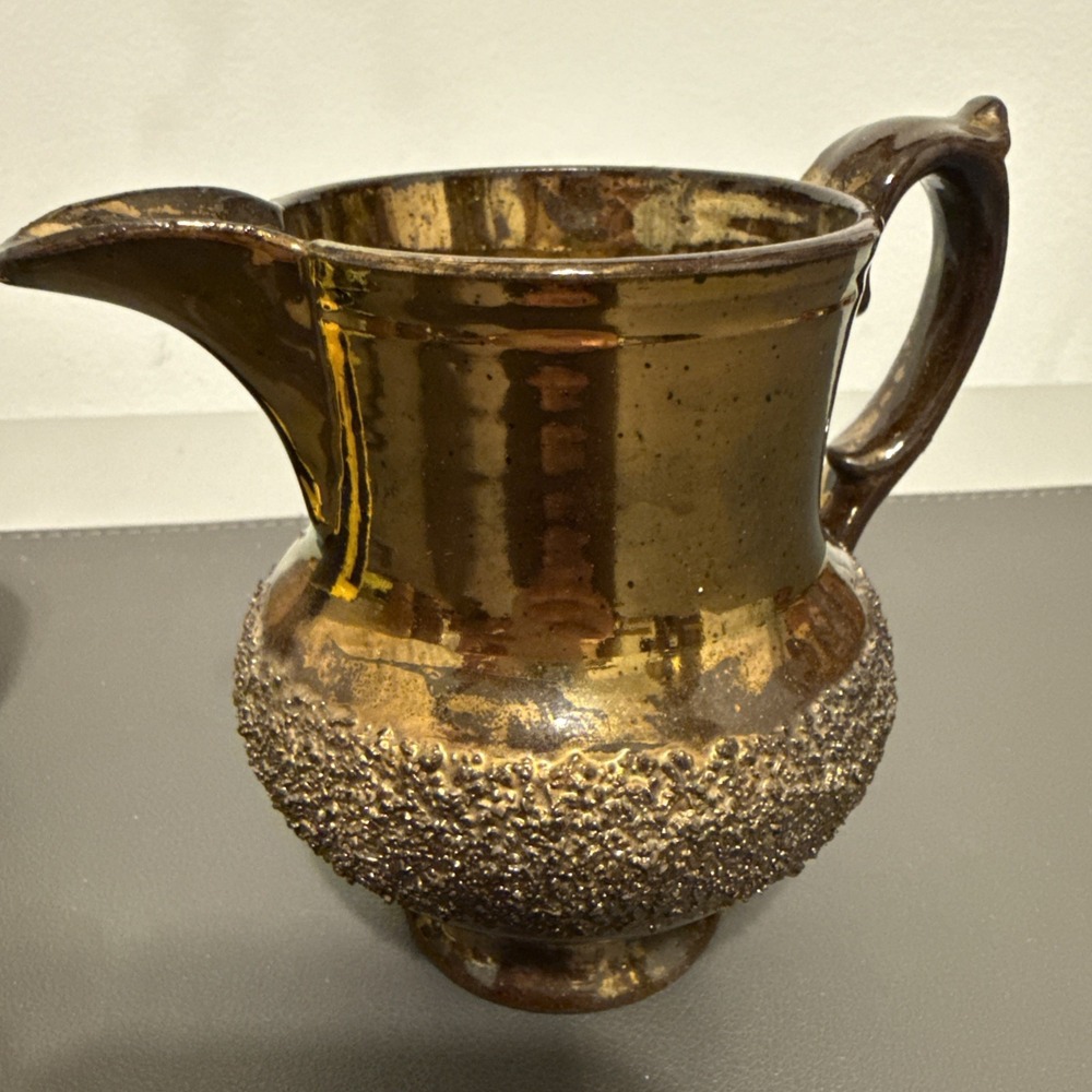 Vintage Gold Lusterware Creamer Pitcher Textured Sand Band Ornate Handle 4in